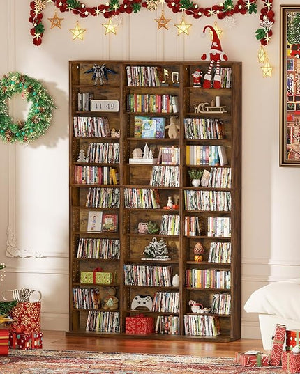 LELELINKY 11 Tier Tall Display Cabinet, Brown Media Storage Cabinet with Adjustable Shelves, Free Standing DVD Organizer Shelf, Floor Multimedia Storage Manga Bookshelf for Living Room & Home Office.