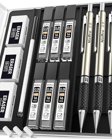 Nicpro 0.9 mm Art Mechanical Pencil Set in Storage Case, 3 PCS Metal Drafting Pencil Lead Pencil with 6 Tube HB Lead Refills, 3 Erasers, 9 PCS Eraser Refills for Artist Writing, Drawing, Sketching