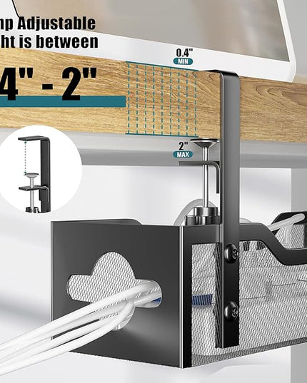 Under Desk Cable Management Tray Black, Litwaro Cable Management Under Desk No Drill, 25'' Cable Tray with Clamp for Wire Management, Cord Organizer for Office, Home - No Damage to Table