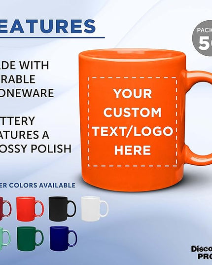 Custom Ceramic Coffee Mugs 11 oz. Set of 50, Personalized Bulk Pack - Coffee cup set, Iced coffee cup, Gaming mug - Orange