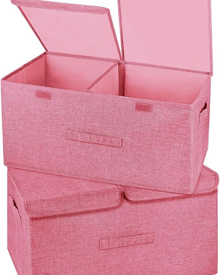 2 Pack Storage Boxes with Lids and Handles, Collapsible Linen Storage Bins Organizer Containers Baskets Cube with Removable Divider for Home Bedroom Closet Office (Pink, Large)