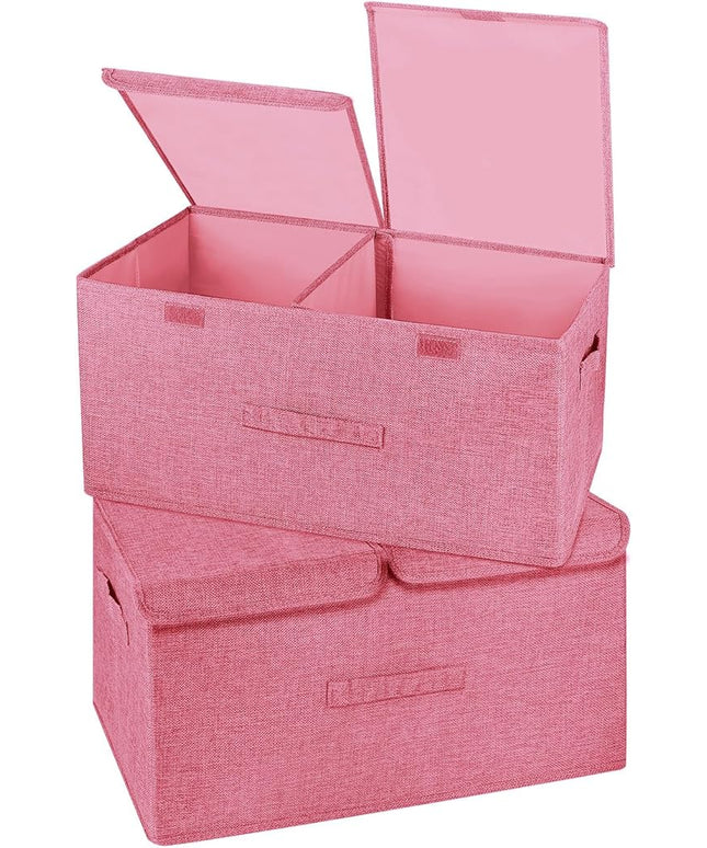 2 Pack Storage Boxes with Lids and Handles, Collapsible Linen Storage Bins Organizer Containers Baskets Cube with Removable Divider for Home Bedroom Closet Office (Pink, Large)