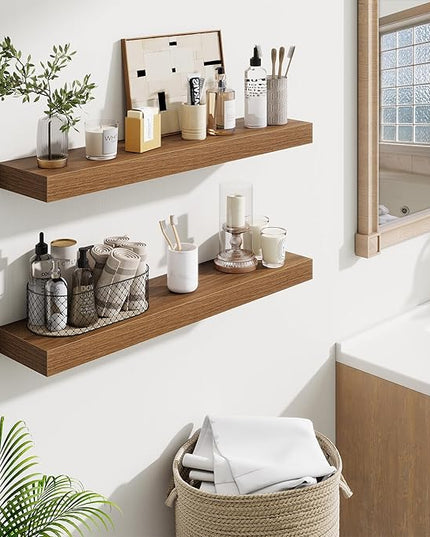 Fun Memories Floating Shelves 30 Inch, Wall Mounted Wood Shelf Set of 2, Farmhouse Decor for Bathroom, Bedroom, Kitchen, Living Room, Walnut