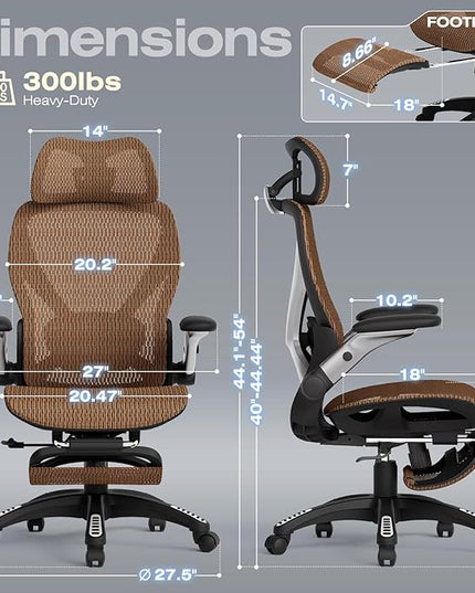 ELABEST X100 Ergonomic Office Chair with Footrest, Big and Tall Home Desk Chair with 5D Flip-Up Arms, Adjustable 3D Lumbar Support,High Back Rolling Computer Chair, Swivel Mesh Chairs