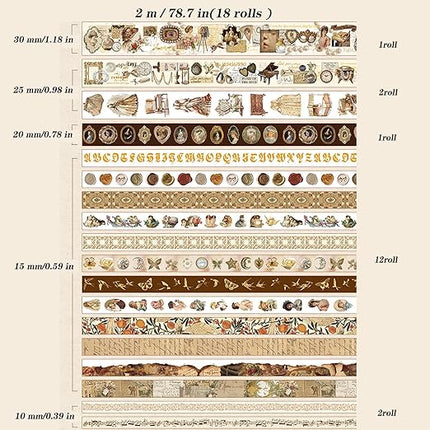 Auguro 18 Rolls Vintage Victorian Washi Tape Set Journal Tape for Crafts and Journaling DIY Scrapbooking Supplies washi Tape for Scrapbooking Decorative Tape