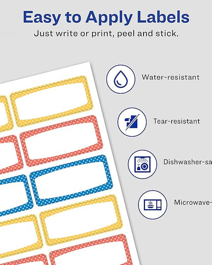 Avery Durable Labels for Kids' Gear, 3/4" x 1-3/4", Assorted Border Colors, Water-Resistant Labels, Writable and Laser/Inkjet Printable, 60 Per Pack, 180 Stickers Total (3-Pack of 31442)