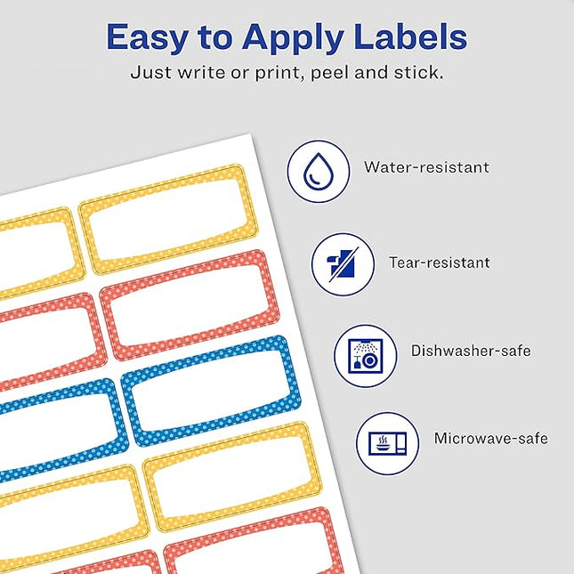 Avery Durable Labels for Kids' Gear, 3/4" x 1-3/4", Assorted Border Colors, Water-Resistant Labels, Writable and Laser/Inkjet Printable, 60 Per Pack, 180 Stickers Total (3-Pack of 31442)