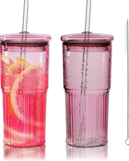 Joeyan 22 oz Pink Glass Tumbler with Straw and Lid for Iced Tea Coffee Smoothie Water Juice Beverages Soda,Ribbed Glasses Cups,Borosilicate Drinking Jar,Set of 2,Dishwasher Safe