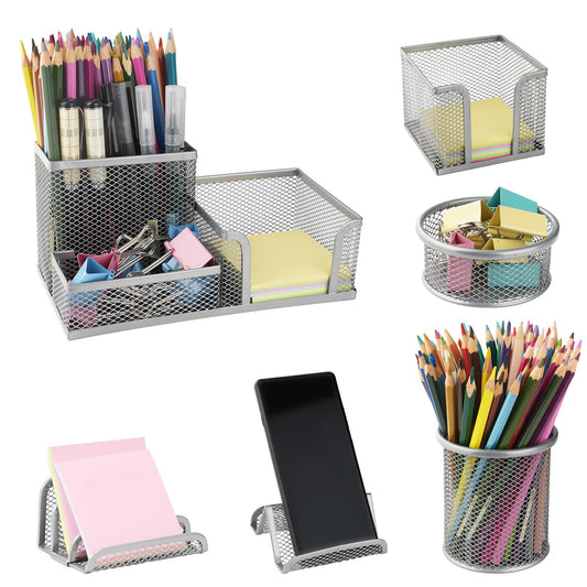 Uppmeant 6 Pack Mesh Metal Desk Organizer Stationery Storage Set Silver