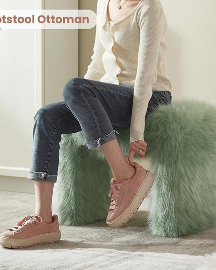 Vanity Stool Chair Small Footstool Ottoman Faux Fur Seating Backless Modern Foot Rest Ottoman Furry for Makeup Room Living Room Bedroom Entryway,Green (Single 1)