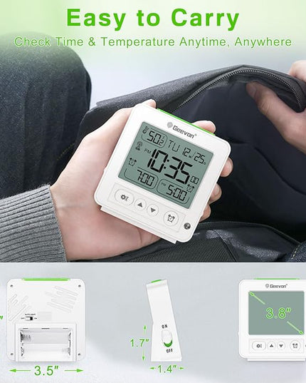 Geevon Small Digital Alarm Clock for Heavy Sleepers, Portable Travel Atomic Clock with Battery Powered, Compact Desk Table Clock with Auto Light Night, Dual Alarms, 8s Backlight for Bedroom, White