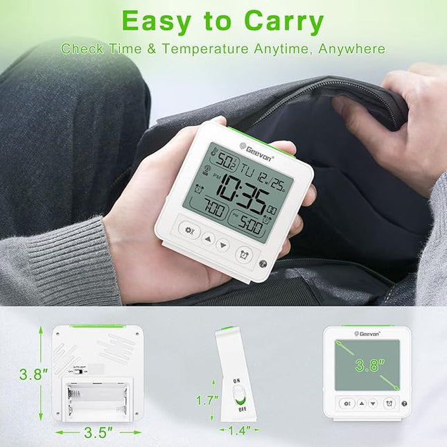 Geevon Small Digital Alarm Clock for Heavy Sleepers, Portable Travel Atomic Clock with Battery Powered, Compact Desk Table Clock with Auto Light Night, Dual Alarms, 8s Backlight for Bedroom, White