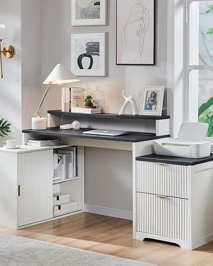 JXQTLINGMU 67" Modern L Shaped Desk with Storage Cabinet & Drawers, Wood Home Office Desk with Power Outlets, Fluted Computer Writing Desk, Antique White