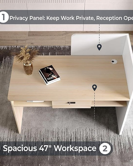 Small Reception Desk, 47" Front Desks Reception Counter, Front Desk Counter with LED Lights, Lockable Drawer, Two-Tone Design, Privacy Panel, for Office, Salon, Store