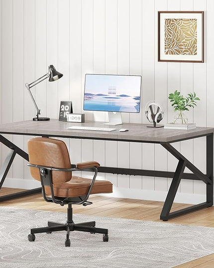 IBF 70 Inch Large Home Office Desk, Industrial Long Executive Work Writing Study Computer Table, Farmhouse Big Metal Wood Double Desk for Bedroom Living Room, Rustic Dual Monitor Desk, Light Grey