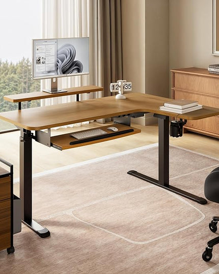 EUREKA ERGONOMIC L Shaped Standing Desk w Solid Wood Tabletop,61" Electric Corner Computer Desk, Adjustable Height Desk w Keyboard Tray,Dual Motor,LED Monitor Stand,Right/Oak