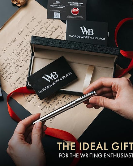 Wordsworth & Black Fountain Pen Set, 18K Gilded Medium Nib, Includes 24 Pack Ink Cartridges, Ink Refill Converter & Gift Box, Gold Finish, Calligraphy, [Silver Chrome], Perfect for Men & Women