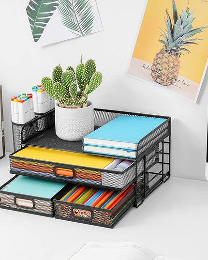 Marbrasse 3 Tier Mesh Desk Organizer with Drawer, Multi-Functional Desk Organizers and Accessories, Paper Letter Organizer with 2 Pen Holder for Home Office Supplies (Black)