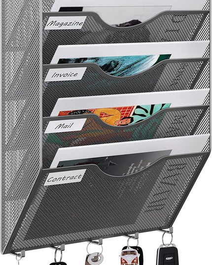 EasyPAG Hanging Wall File Organizer with Key Hooks, 5 Pocket Wall Mounted Mail Organizer, Vertical Folder Holder with Nametag Label, Paper Storage Magazine Rack for Office Home School, Silver