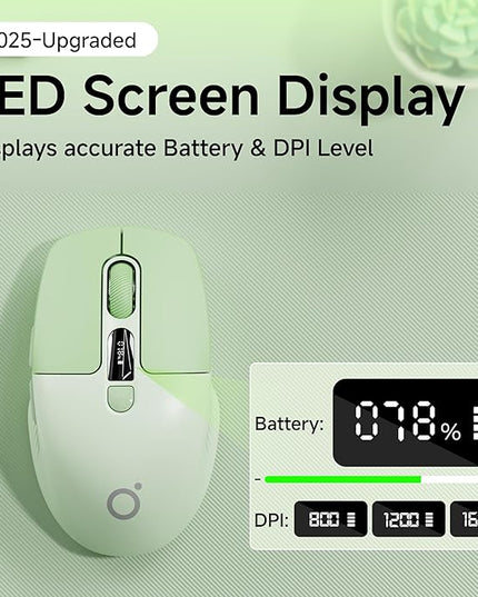 EWEADN Q1 Wireless Mouse, BT & 2.4G Silent Mouse Quiet Click with 1600 DPI Levels, Battery & DPI LED Screen Display, 6 Button Small Portable Bluetooth Mouse for Laptop/PC/Mac-Green