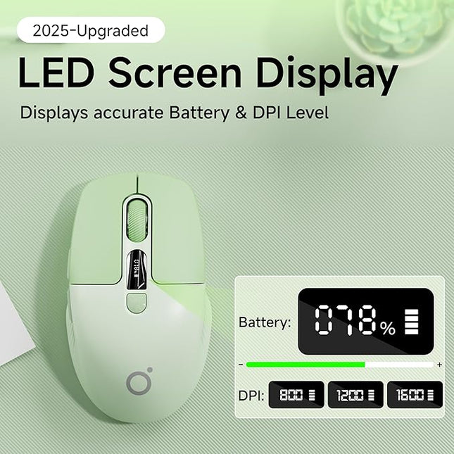 EWEADN Q1 Wireless Mouse, BT & 2.4G Silent Mouse Quiet Click with 1600 DPI Levels, Battery & DPI LED Screen Display, 6 Button Small Portable Bluetooth Mouse for Laptop/PC/Mac-Green