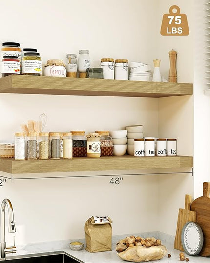 Heimlove Oak Bathroom Shelves Floating Shelves for Wall Shelf Over Toilet Long Mounted Modern Farmhouse,48 x 12 Shelves with Invisible Brackets for Living Room, Kitchen, Bedroom