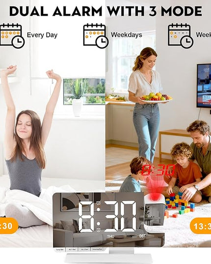 SZELAM Digital Clock,Alarm Clock Bedside with Projection,7.3" Mirror Clock with 180°Rotating Projector,Dual Alarm with 3 Mode,Brightnee Adjust,DST,Snooze,Charging Port,5 Levels Volume for Desk Teens