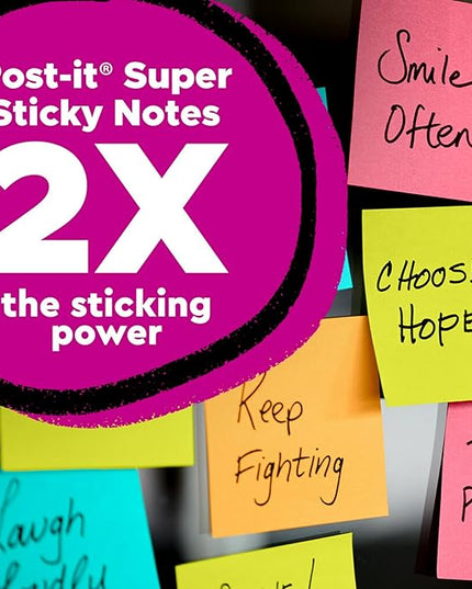 Post-it Super Sticky Notes, Assorted Bright Colors, 3x3 in, 15 Pads, 45 Sheets/Pad, 2X The Sticking Power, Recyclable, Multi-Color (Pack of 6)