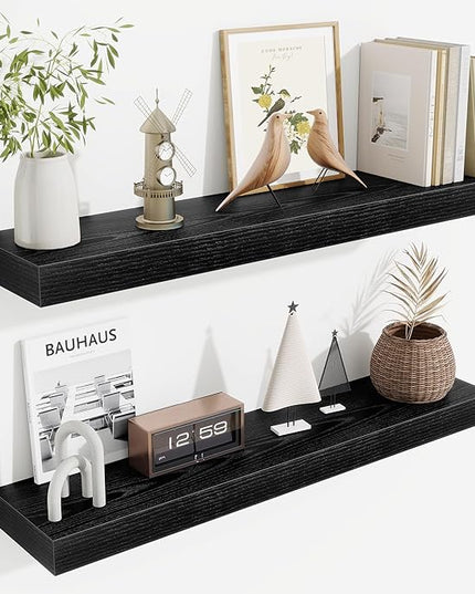Fun Memories Floating Shelves 30 Inch, Wall Mounted Wood Shelf Set of 2, Farmhouse Decor for Bathroom, Bedroom, Kitchen, Living Room, Black