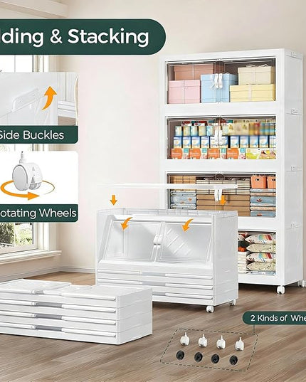 540QT Extra Large Stackable Storage Bins with Lid, 135Gal Collapsible Storage Box with Wheels and Doors, Plastic Closet Organizers and Storage Cabinet for Home Kitchen Office Dorm, 3Pack White
