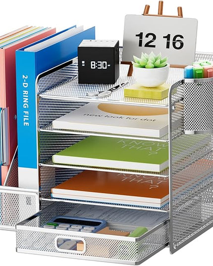 Marbrasse Desk Organizer with File Holder, 5-Tier Paper Letter Tray Organizer with Drawer and 2 Pen Holder, Mesh Desktop Organizer and Storage with Magazine Holder for Office Supplies (Silver)