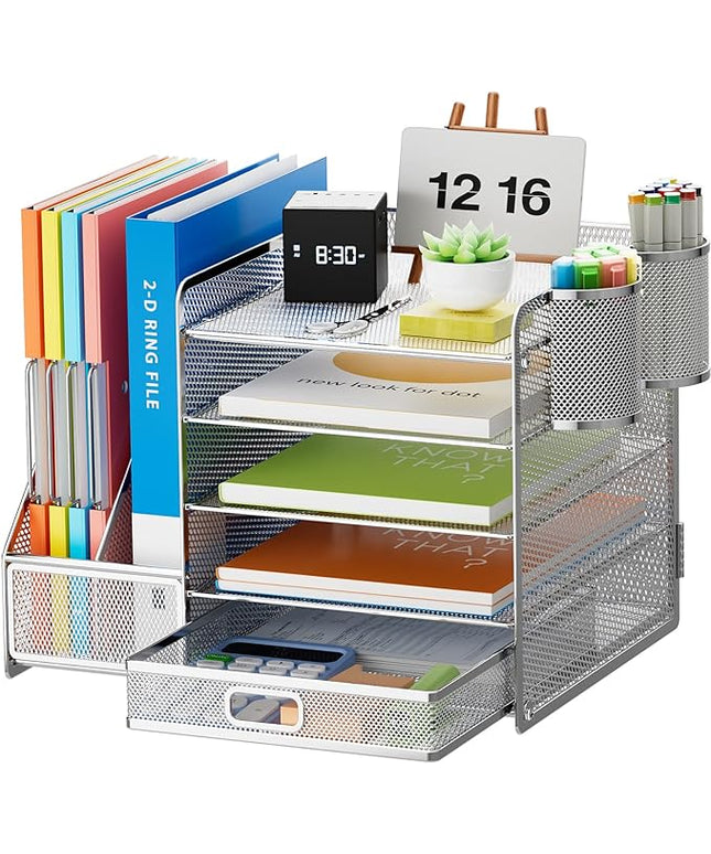 Marbrasse Desk Organizer with File Holder, 5-Tier Paper Letter Tray Organizer with Drawer and 2 Pen Holder, Mesh Desktop Organizer and Storage with Magazine Holder for Office Supplies (Silver)
