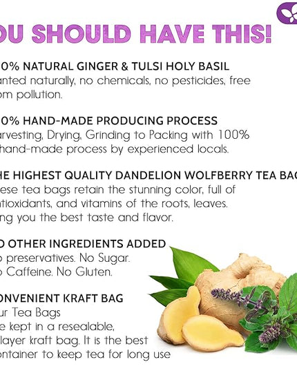 FreshDrinkUS, Premium 75 Ginger Tulsi Tea Bags, 100% Natural, Hand-made Blend of Ginger and Tulsi Holy Basil Leaves, Eco-conscious Tea Bags. Herbal Tea. No Sugar, No Caffeine, Vegan.