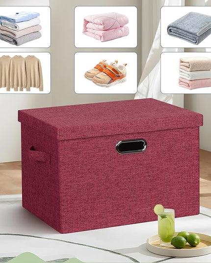 Large 17" 36 Quart Collapsible Stackable Storage Bins with Lids, 3 Packs Bright Red Linen Fabric Closet Boxes with Lids, Storage Cube Baskets Container Organizers for Office (17x12x11)