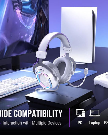 FIFINE USB Gaming Headset: Flowing RGB Lighting - 7.1 Surround Sound - Detachable Mic - Soft Ear Pads, Over-Ear Headset with Control Box, for PC, Laptop, Mac, PS5/PS4 - AmpliGame H13WP (White&Purple)