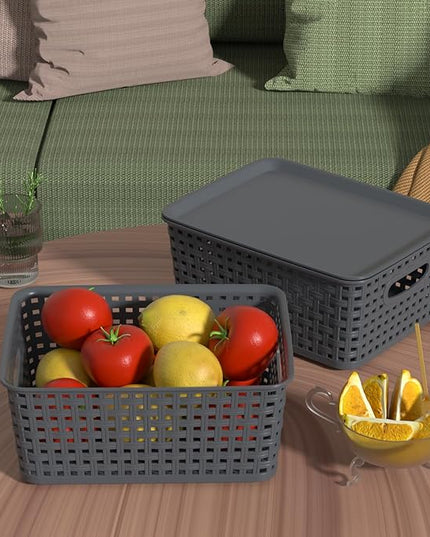 Zopnny 8 Pack Plastic Shelf Organizer Baskets, Small Weave Storage Basket with Lid, Gray