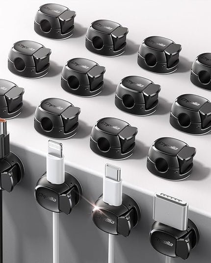 16Pack Cord Organizer [Dual Spring & Clasp, Max Secure] Cable Clips - Chfeila Cord Holder, Desk Cable Management, Adhesive Phone Charging Wire Holder for Nightstand/Car/Wall, Office Accessory - Black