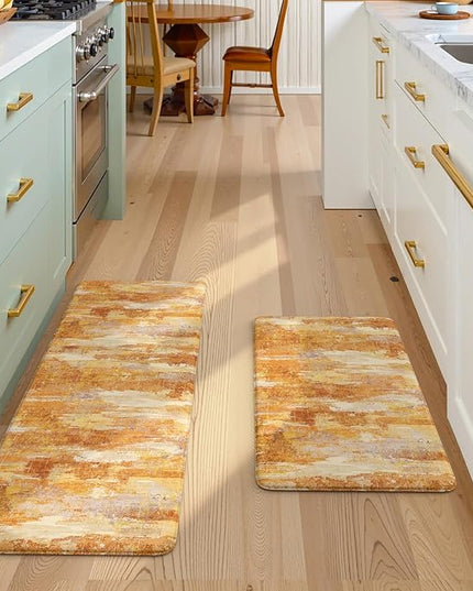Collive Kitchen Mats for Floor 2PCS, Fall Abstract Cushioned Anti Fatigue Mat Non Slip Waterproof Kitchens Sink Rug, Orange Modern Comfort Standing Mat for Desk, Bar, Home Decor, 17"x47"+17"x29"