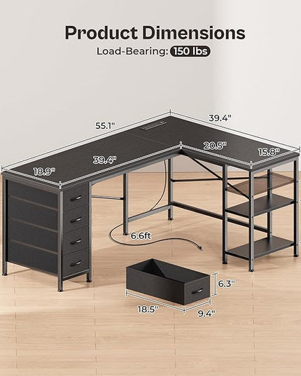 Huuger 55 Inch L Shaped Desk with Fabric Drawers, Reversible Computer Gaming Desk with Power Outlets and USB-C Port, Adjustable Side Storage Shelves, for Work Study Corner Home Office, Black