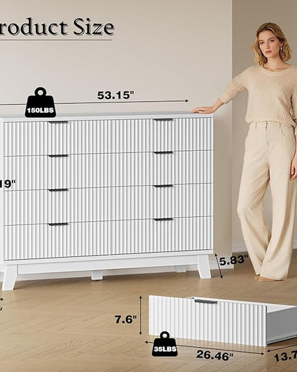 BORNOON 53" Tall Dresser for Bedroom, 8-Drawer Fluted Chest of Drawers, Modern Wood Highboy with Metal Slides and Handles, Anti-Tip Kit, Vertical Clothes Storage Organizer for Apartment, Closet