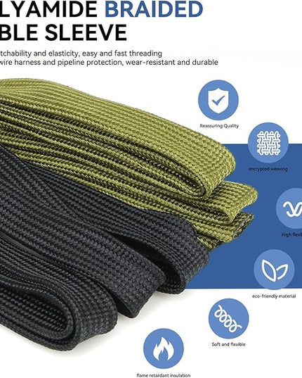 YOUBO Polyamide Braided Sleeving, 33ft Expandable Wire Loom Abrasion Resistant Split Cable Sleeve for Automotive Harness, Computer Case & Cable Management (Army Green, 35mm（1-3/8"）)