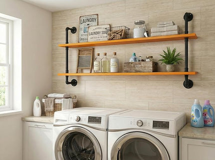 Industrial Pipe Wall Shelves - 48" Rustic Natural Oak Solid Wood, 9.85" Deep Floating Shelving for Farmhouse Rustic Decor, Sturdy Storage for Books/Plants/Toiletries