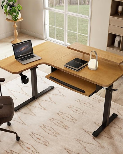 EUREKA ERGONOMIC L Shaped Standing Desk w Keyboard Tray,61" Electric Corner Standing Desk, Computer Desk w LED Monitor Stand,Dual Motor,Solid Wood,Left/Oak