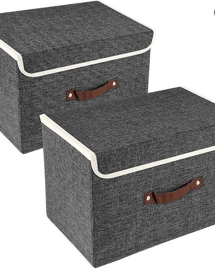 TYEERS Collapsible Storage Boxes, Washable Fabric Storage Bins with Lids, 14.9x9.8x9.8 inches, 2 Pack, Black