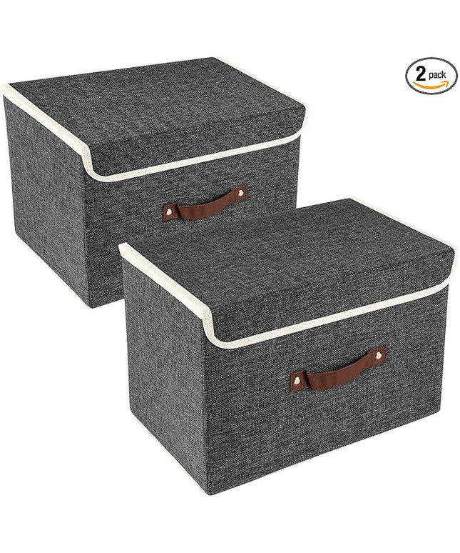 TYEERS Collapsible Storage Boxes, Washable Fabric Storage Bins with Lids, 14.9x9.8x9.8 inches, 2 Pack, Black