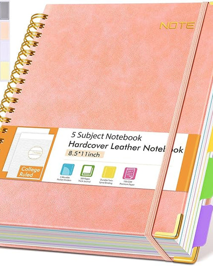 Hardcover Large Spiral Notebook 8.5" x 11" with Removable Dividers Tabs, 300 pages Leather 5 Subject Notebook College Ruled, A4 Journal for Women Men, Notebooks for Work School Note taking, Pink