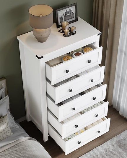 BORNOON Tall 5-Drawer Dresser, Modern Wooden Storage Chest of Drawers, Dresser TV Stand, Wood Drawer Organizer with Metal Handles for Bedroom, Living Room, Hallway