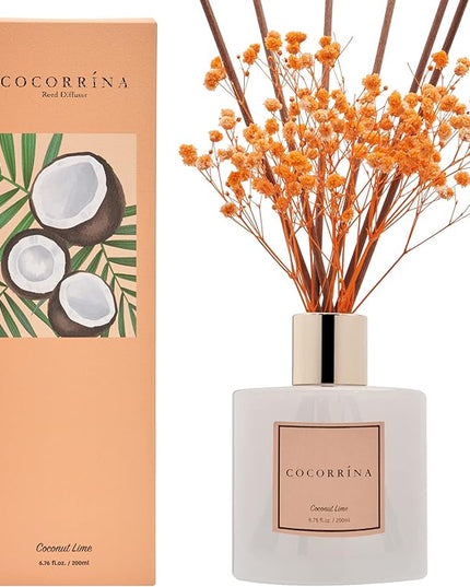 Cocorrína Premium Reed Diffuser Set with Preserved Baby's Breath & Cotton Stick Coconut Lime | 6.7oz Scent Fragrance Oil Diffuser for Bedroom Bathroom Home Décor