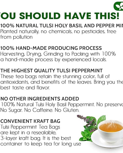 FreshDrinkUS, Premium Tulsi Peppermint Herbal Tea – 75 Tea Bags, 100% Natural, Blend of Tulsi Holy Basil Leaves, and Peppermint Leaves. Made with Natural Material Tea Bags. No Sugar, Vegan.