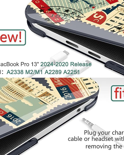 DONGKE Compatible with MacBook Pro 13 inch Case 2024 2023-2020 Release A2338 M2/M1 A2251 A2289 with Retina Display & Touch ID, Plastic Hard Shell & Keyboard Cover & Screen Film - Classic Stamps
